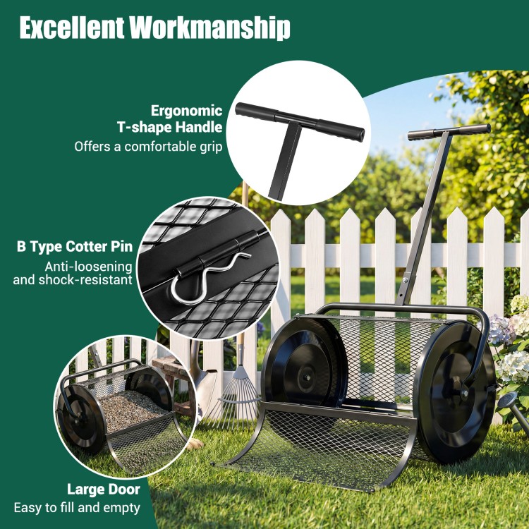 Compost spreader with a height-adjustable T-shape handle, large door, and durable metal mesh for easy filling and.