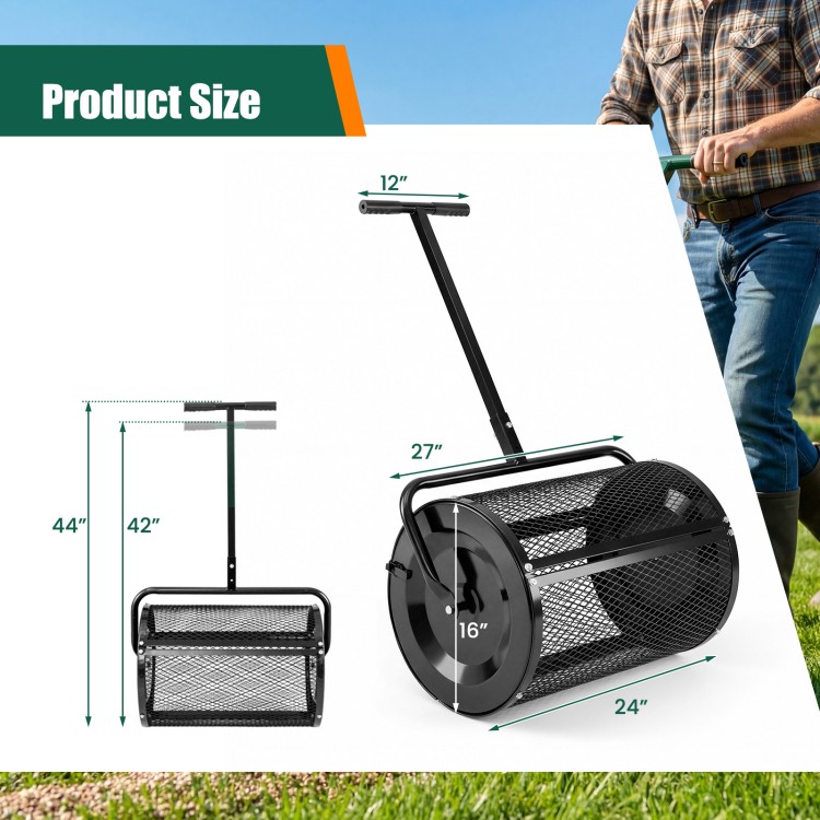 Height-adjustable 24-inch compost spreader roller with metal mesh basket for easy filling and even spreading.