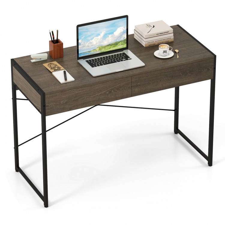 Oak computer desk with heavy-duty metal frame and two drawers, featuring an adjustable foot pad for stability on.