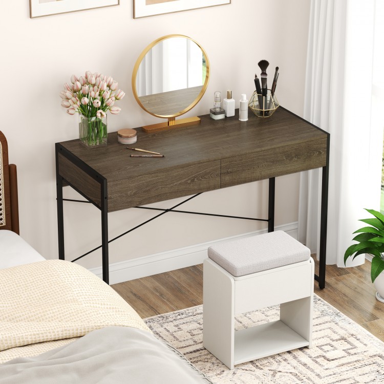 Computer desk with 2 drawers in oak finish, featuring a metal frame and X-shaped bracket, ideal for home office use.