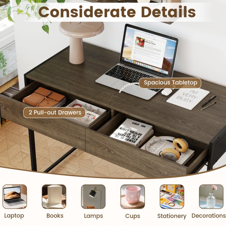 Computer desk with spacious oak tabletop and two pull-out drawers, ideal for home office or study organization.