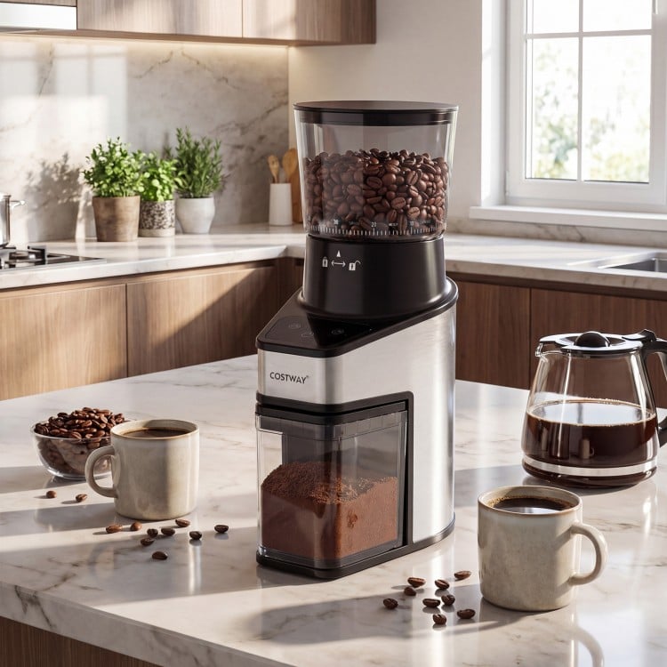 Conical burr coffee grinder in silver with digital display, featuring 60 settings and an 8.8 oz bean hopper for precise.
