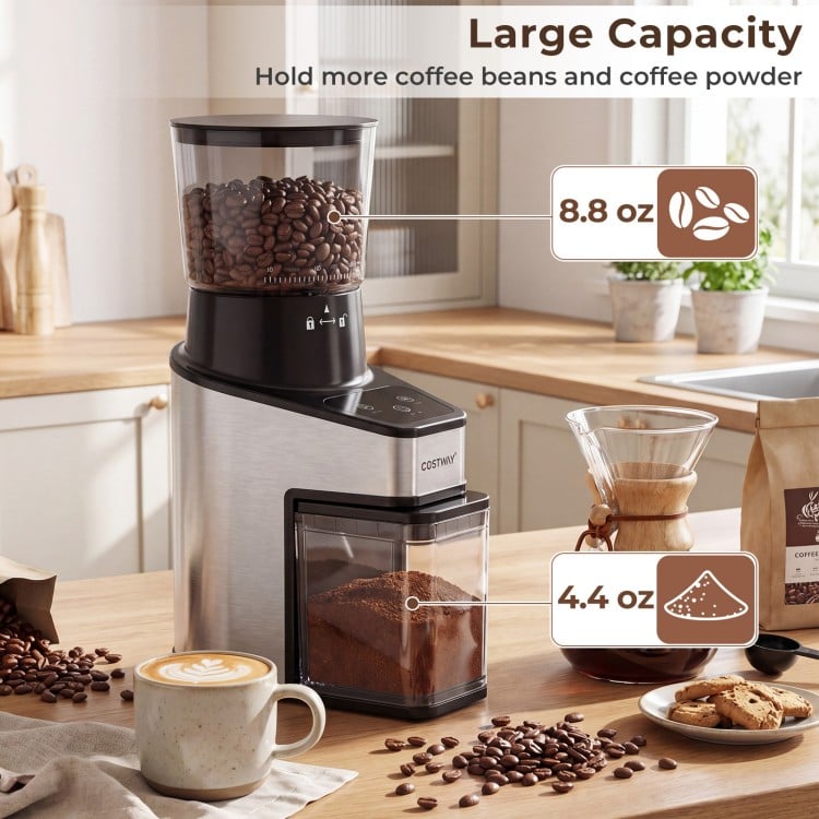 Conical burr coffee grinder with 8.8 oz bean hopper and 4.4 oz powder cup, featuring a digital display for precise.