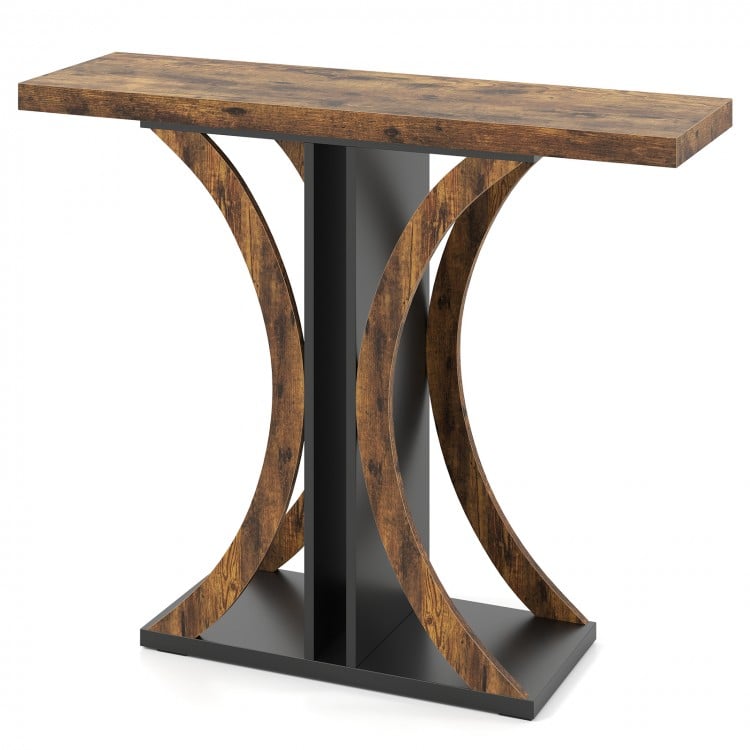 Rustic brown console table with geometric frame, providing storage and display space for entryway or hallway use.