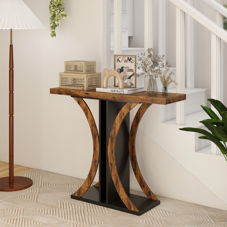 Rectangular console table with a rustic brown wood top and geometric frame, ideal for entryways and small spaces.