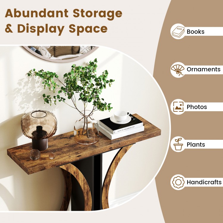 Console table with rustic brown finish and geometric frame, ideal for displaying plants and photos in entryways.