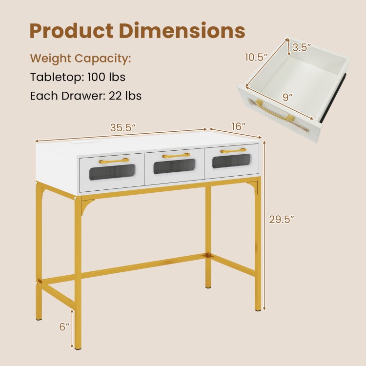 Dimensions of the white console table with LED lighting, featuring three drawers and a sturdy metal frame for living.