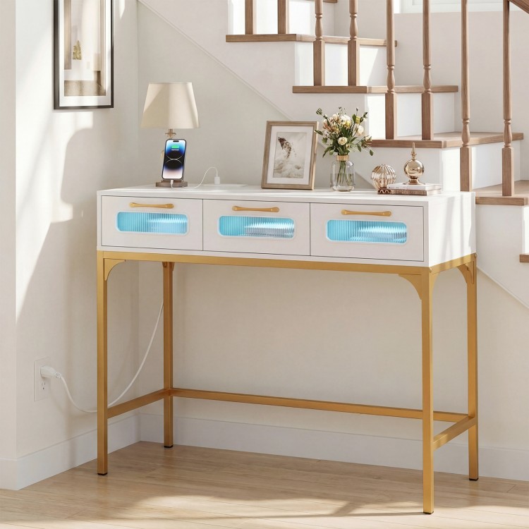 Console table with LED lighting and charging station in white, featuring three drawers and gold metal legs for stylish.