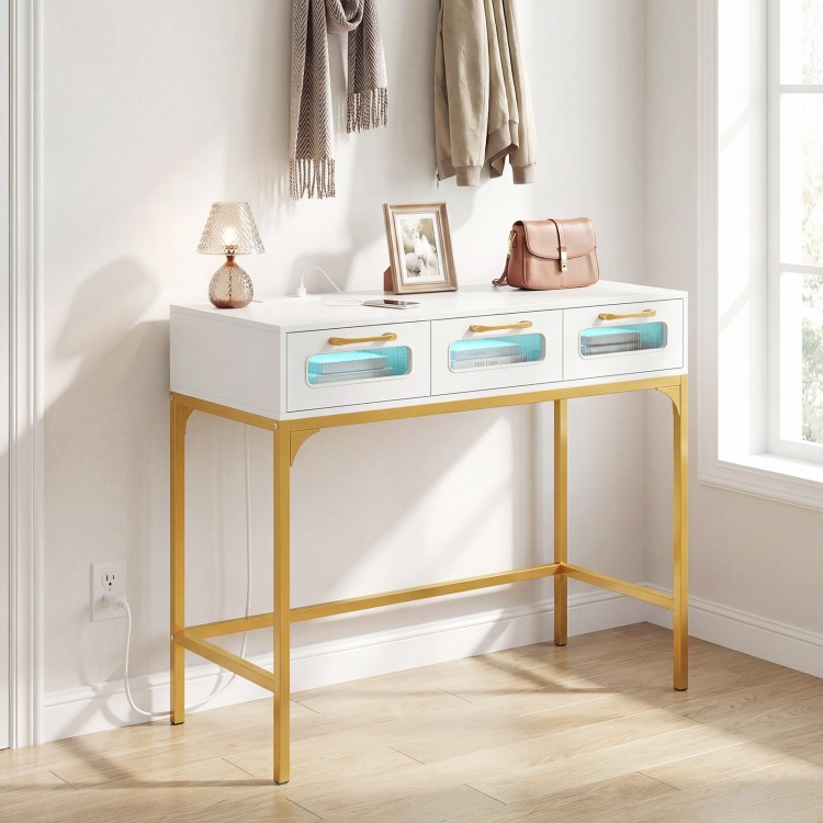 Console table with LED lighting, white finish, and gold metal legs, perfect for living room or hallway organization.