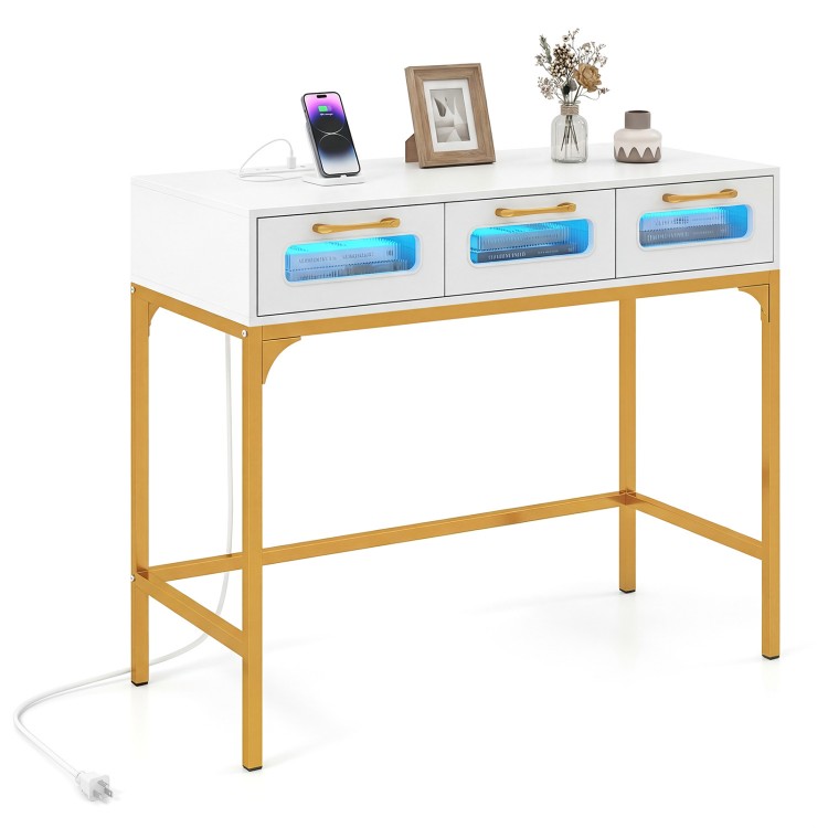 Console table with LED lighting in white, featuring three drawers and a built-in charging station for organized living.