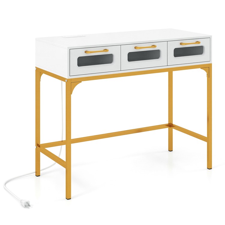 Console table with LED lighting, white finish, and gold metal legs, ideal for living room or hallway organization.