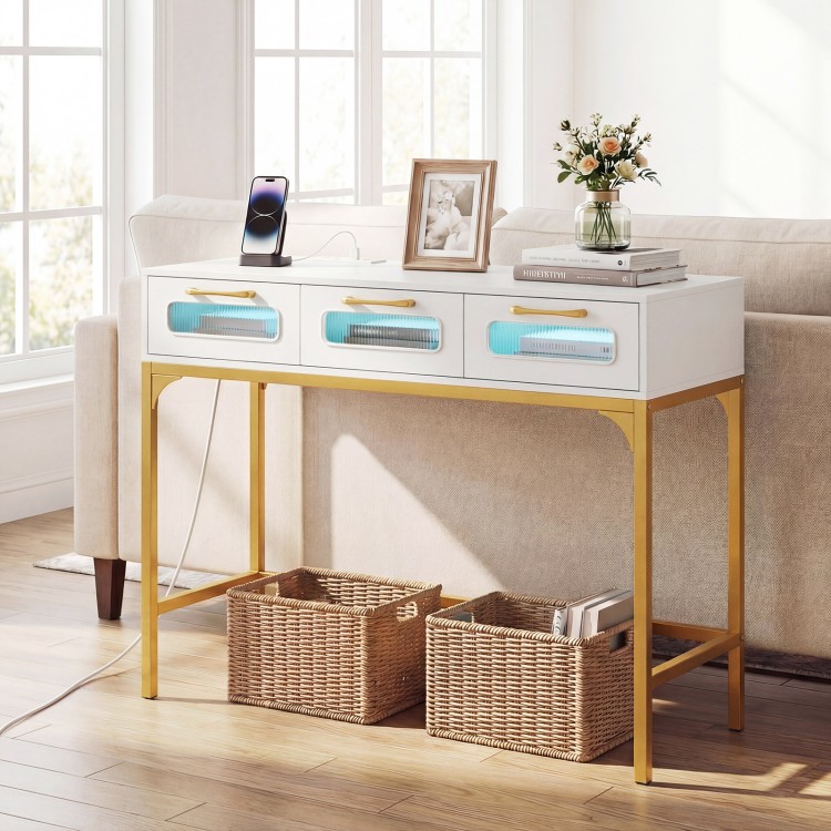Console table with LED lighting and charging station in white, featuring spacious drawers and a slim design for compact.