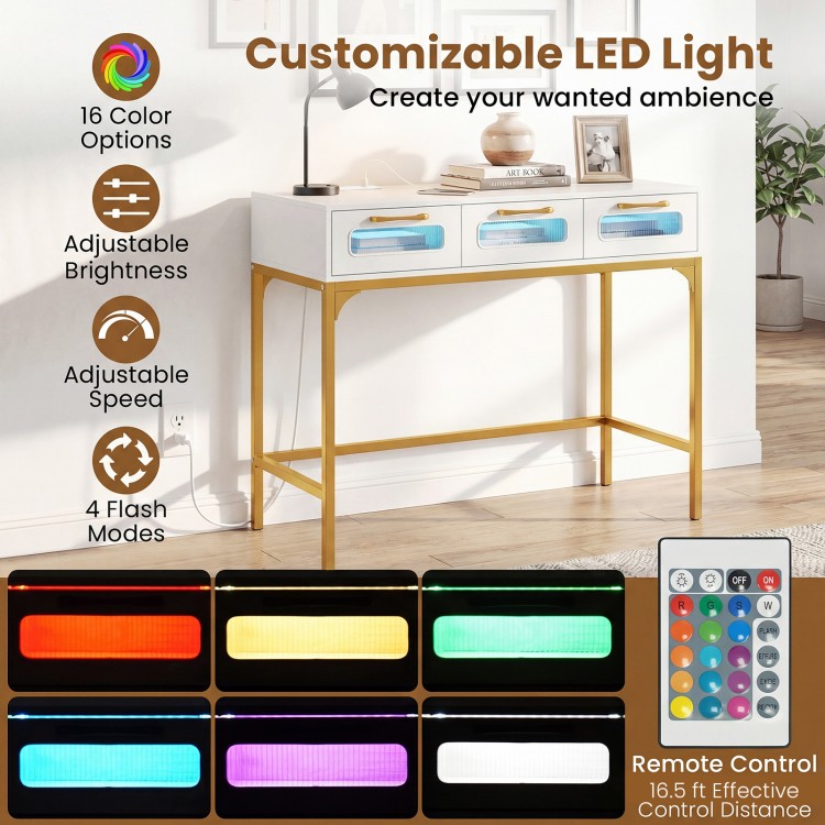 Console table with customizable 16-color LED lighting, spacious drawers, and built-in charging station for living room.