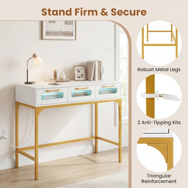 Console table with LED lighting, white finish, and gold metal legs, featuring spacious drawers and built-in charging.