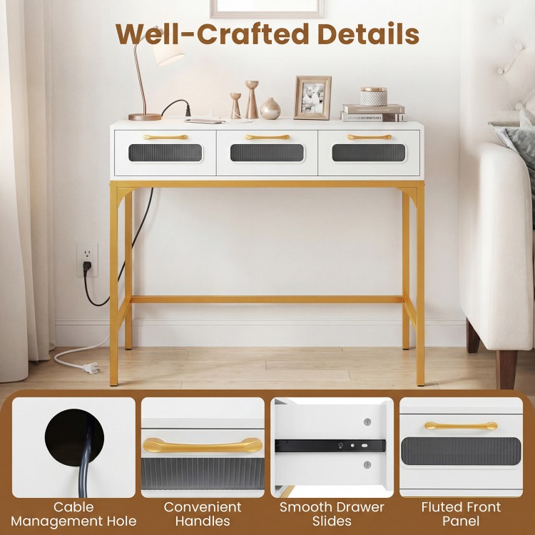 Console table with LED lighting, white finish, and gold accents featuring smooth drawer slides and cable management for.