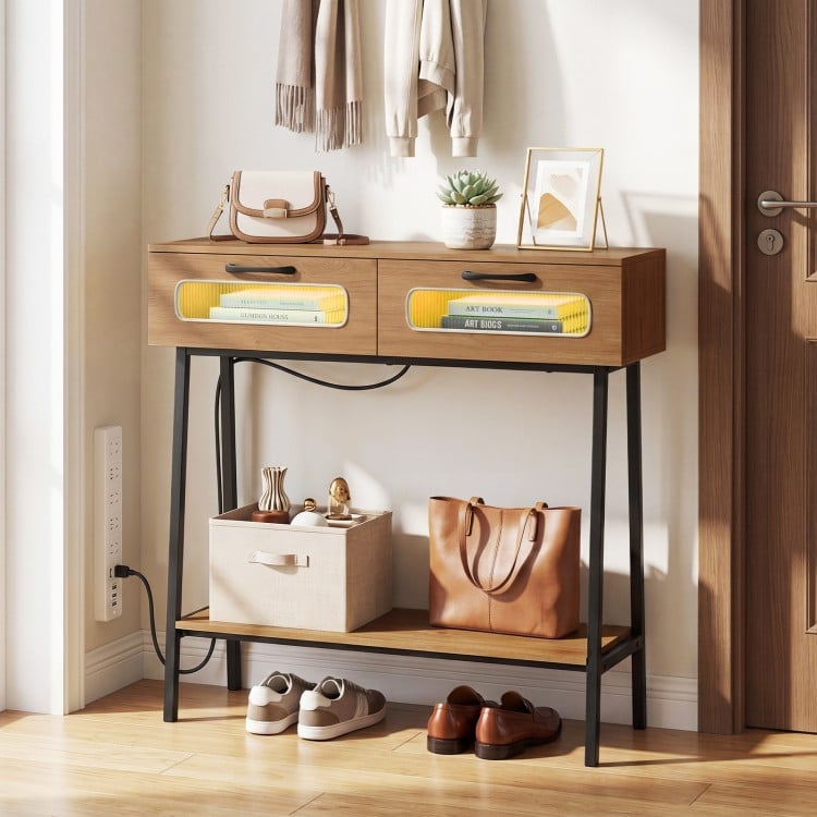 Console table with LED lights, featuring two drawers and an open shelf, perfect for hallway storage and decor.