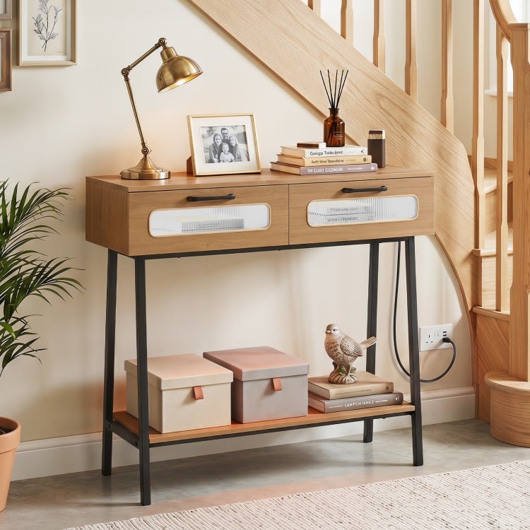 Console table with LED lights, natural wood finish, two drawers, and open shelf for hallway storage and decor.