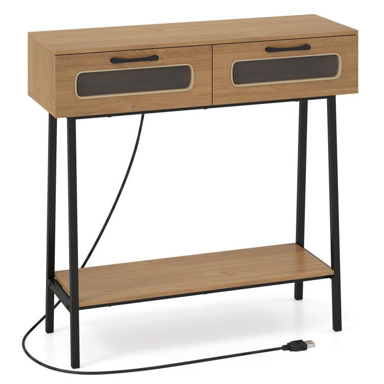 Console table featuring colorful LED lights, two drawers for storage, and an open shelf, perfect for hallway entrance.