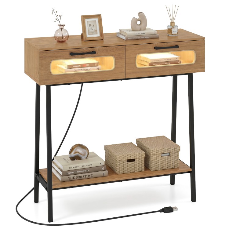 Console table featuring colorful LED lights, two drawers for storage, and an open shelf for hallway organization.