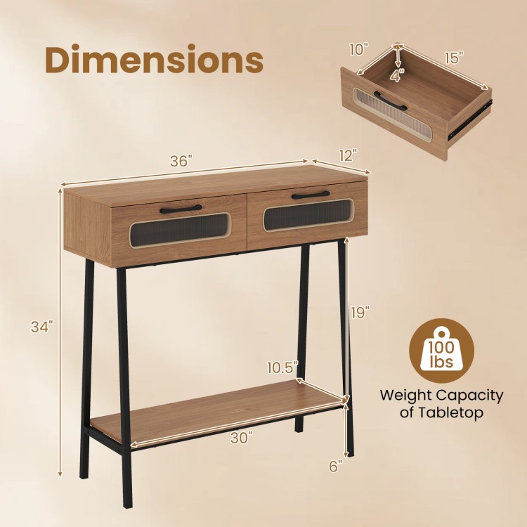 Console table with LED lights, featuring two drawers and an open shelf, ideal for hallway storage and decor.