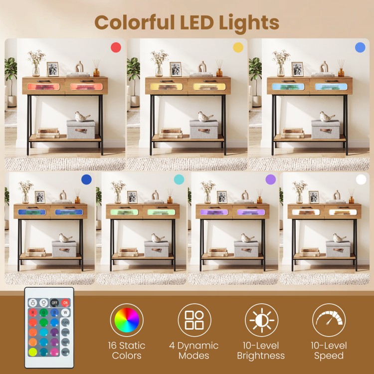 Console table featuring colorful LED lights, two large drawers, and an open shelf for stylish hallway storage.