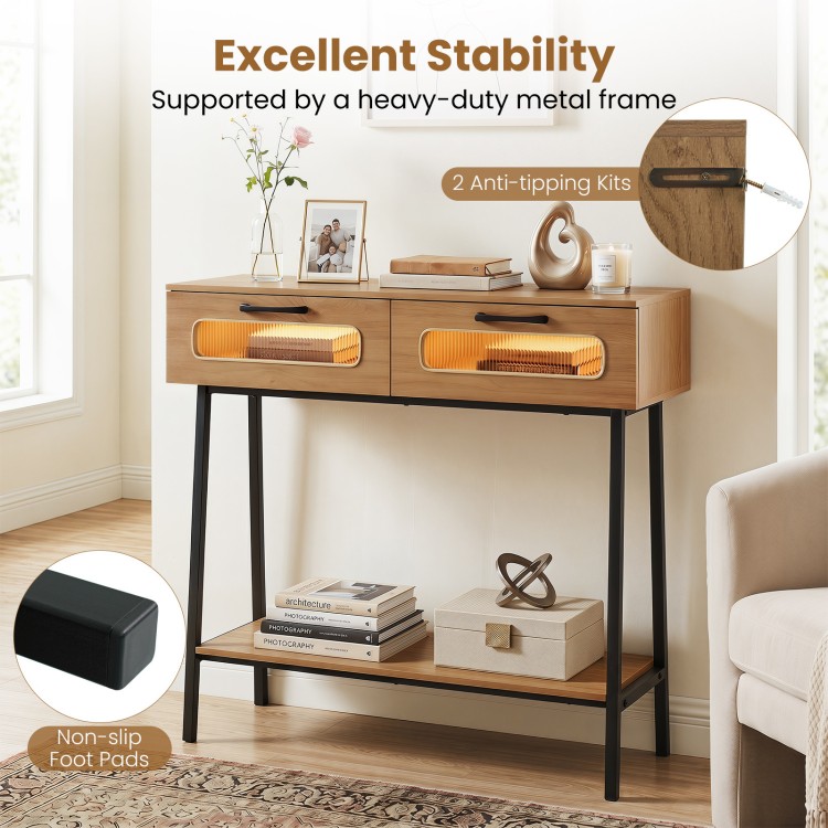 Console table with LED lights, featuring two large drawers and an open shelf, supported by a heavy-duty metal frame.