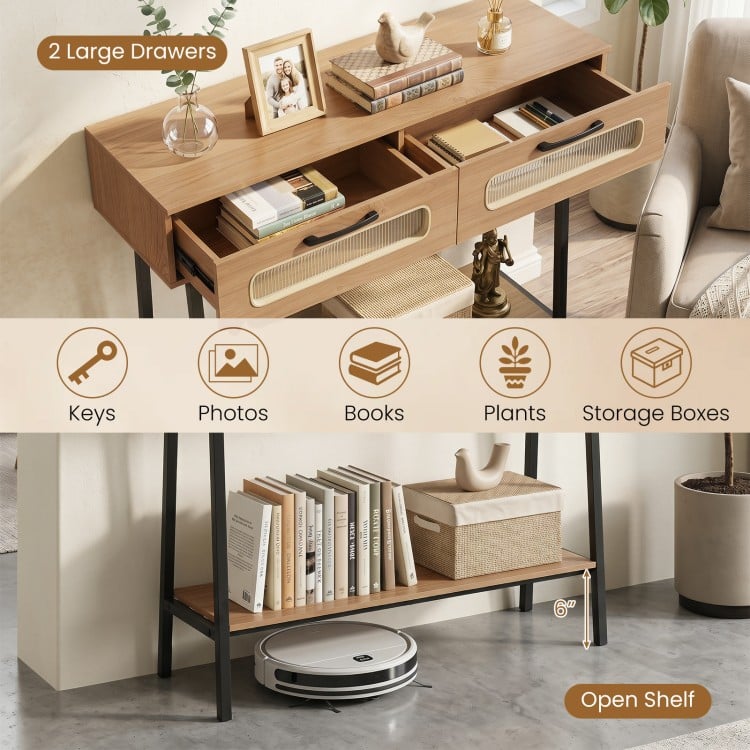 Console table featuring colorful LED lights, two large drawers, and an open shelf for storage in a natural finish.