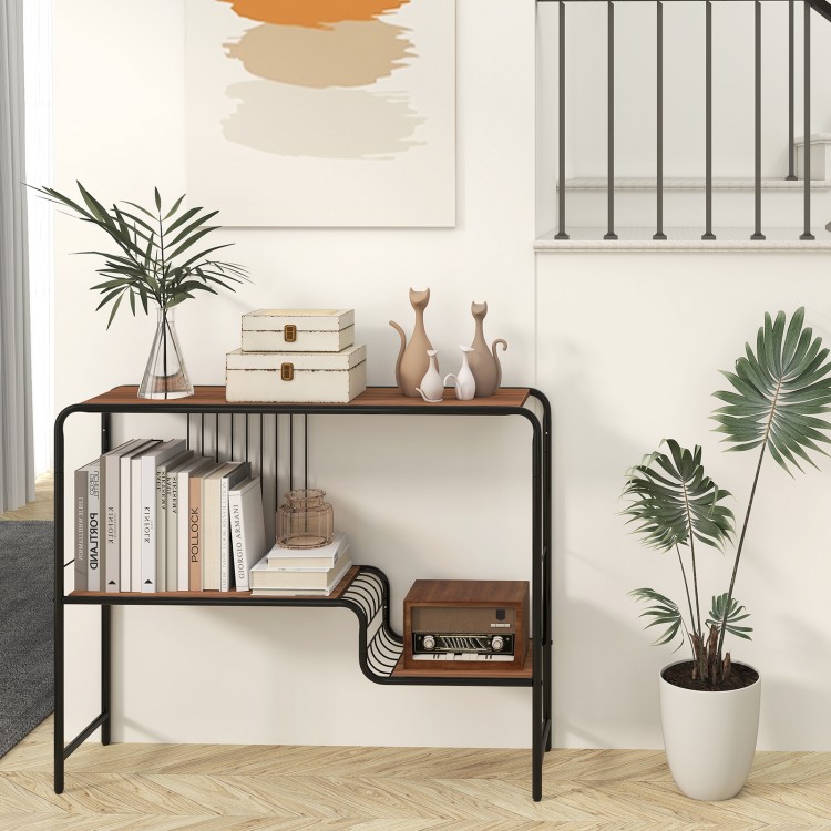 Console table with metal frame and dual-tier shelves, ideal for living room storage and display of books and decor.