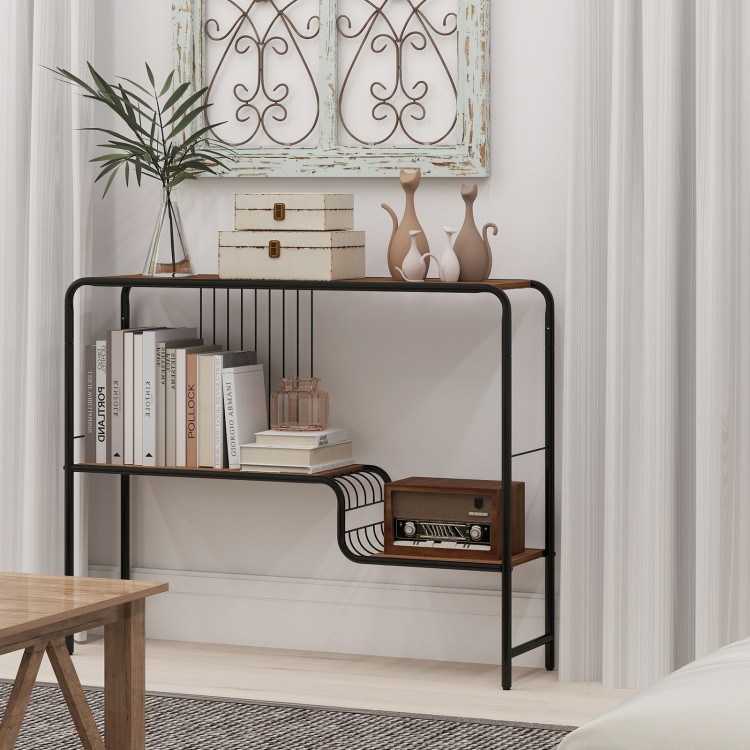 Console table with metal frame and dual-tier storage shelf, ideal for living room display and organization.