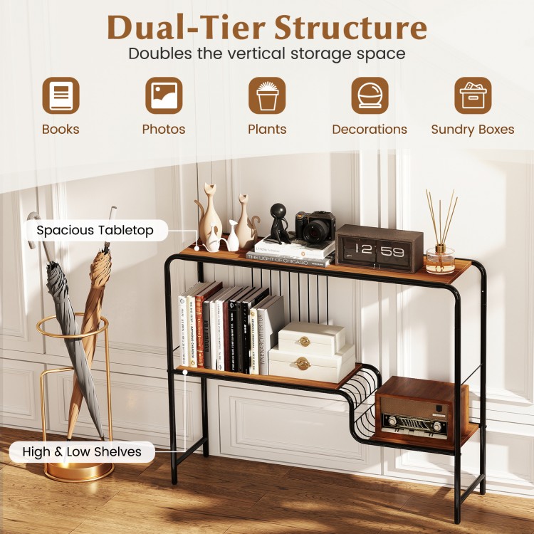 Console table with dual-tier storage, spacious tabletop, and metal frame, perfect for living room organization.