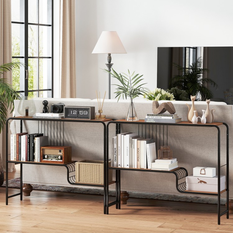 Dual-tier console table with metal frame, featuring spacious shelves for books and decor, ideal for living room storage.