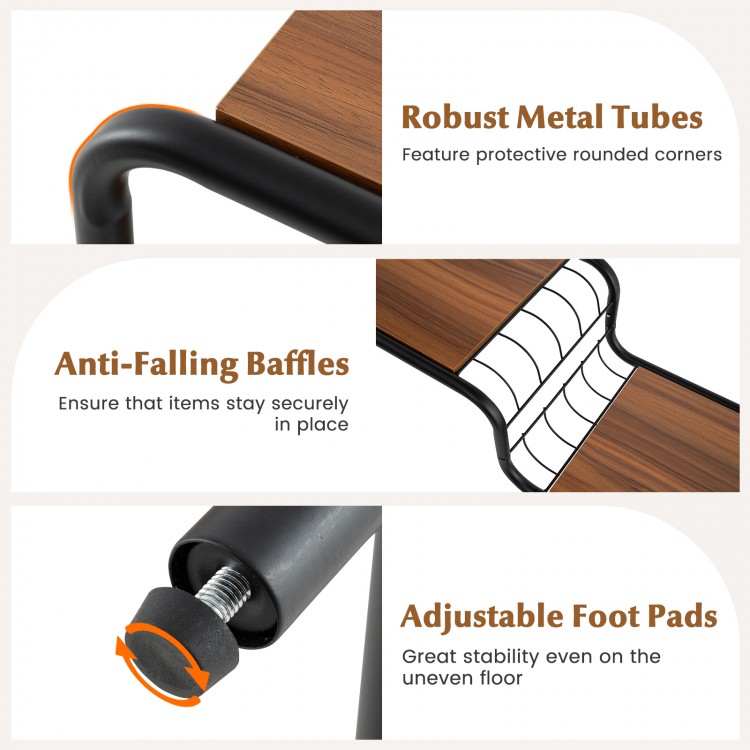 Robust metal tubes and anti-falling baffles of the console table ensure stability and secure storage for living room.