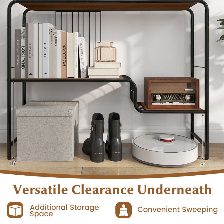 Console table with storage shelf, metal frame, and versatile clearance for additional storage and easy cleaning.