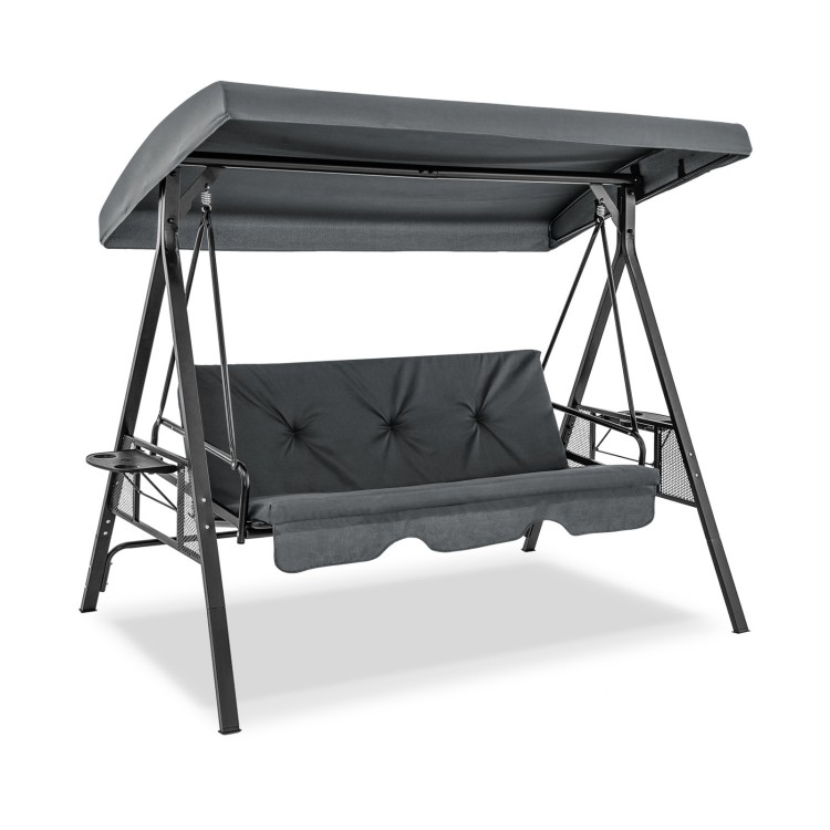 Convertible 3-seat patio porch swing chair in gray with adjustable canopy, ideal for backyard or poolside relaxation.
