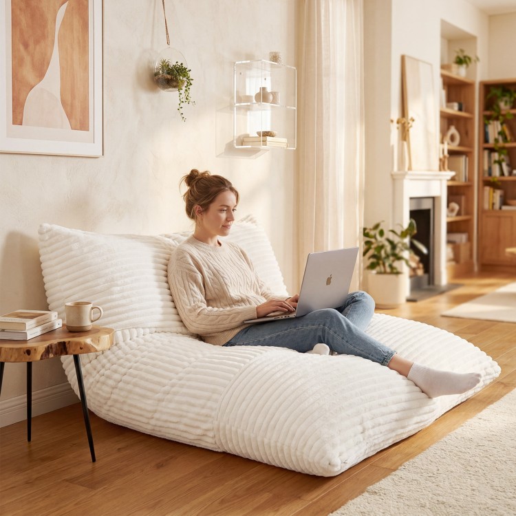 Convertible bean bag floor sofa in beige with corduroy cover, perfect for reading, gaming, or napping at home.