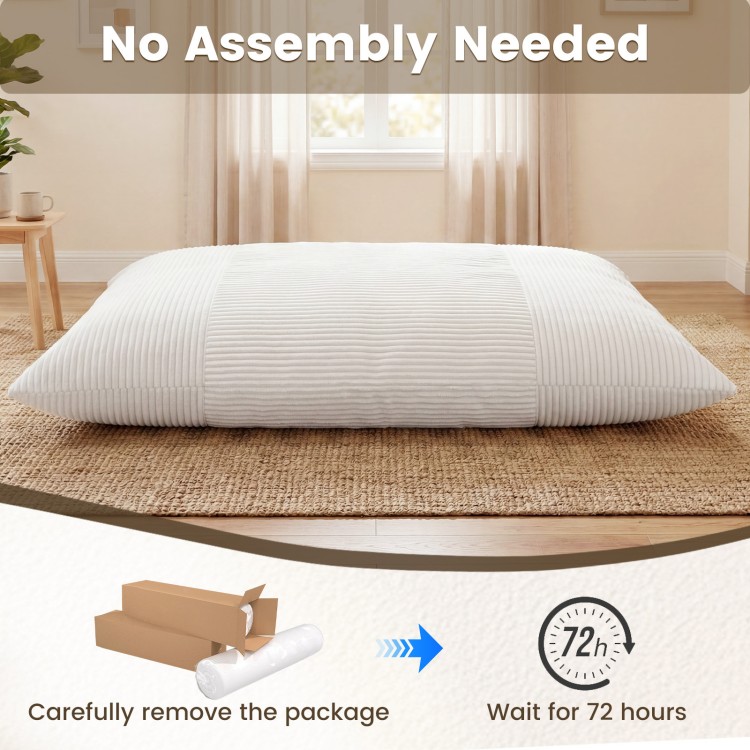 Convertible bean bag floor sofa in beige with a machine-washable corduroy cover, perfect for reading or gaming.