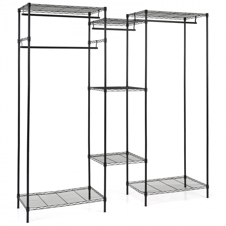 L-shaped convertible clothes organizer in black with 7 shelves and 4 hanging rods for versatile storage solutions.