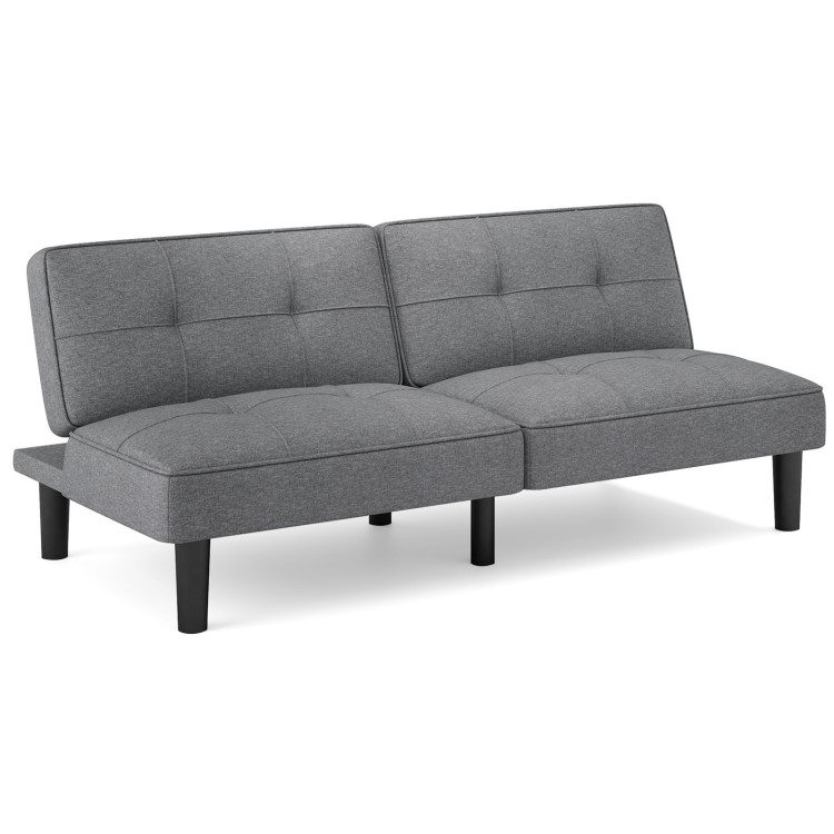 Convertible gray futon sofa bed with 6-position adjustable backrest, ideal for relaxing or providing extra sleeping.