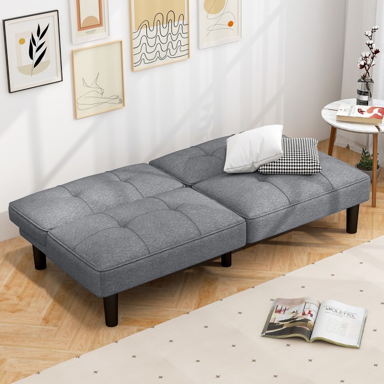 Convertible gray futon sofa bed with adjustable backrest, soft padding, and sturdy wood frame for versatile relaxation.