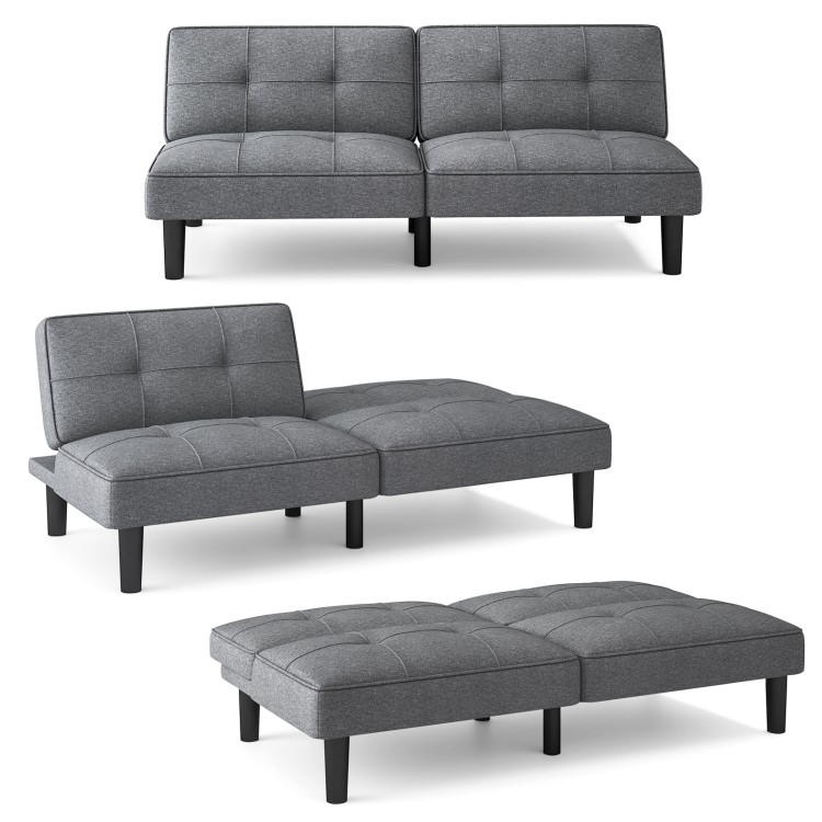 Convertible folding futon sofa bed in gray with adjustable backrest, perfect for relaxing or sleeping.