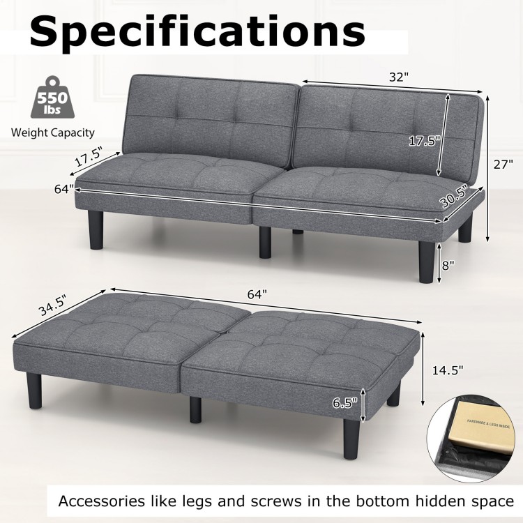 Convertible gray futon sofa bed with 6-position adjustable backrest, ideal for relaxing or sleeping, featuring sturdy.