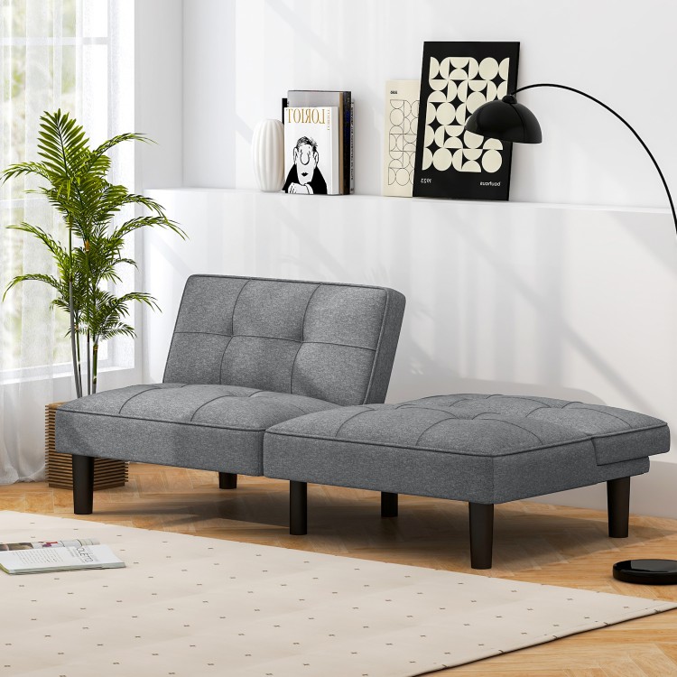 Convertible gray futon sofa bed with adjustable backrest, perfect for relaxation and extra sleeping space.