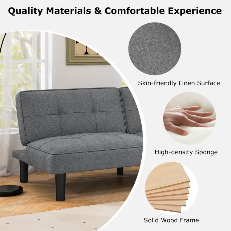 Convertible gray futon sofa bed with adjustable backrest, soft sponge padding, and solid wood frame for versatile.
