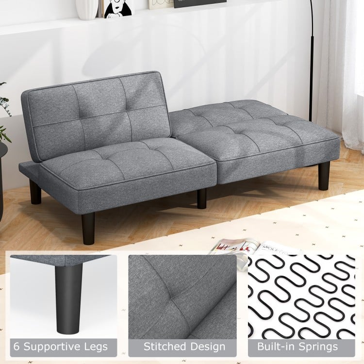 Convertible gray futon sofa bed with 6-position adjustable backrest and sturdy legs, ideal for relaxation and guest.