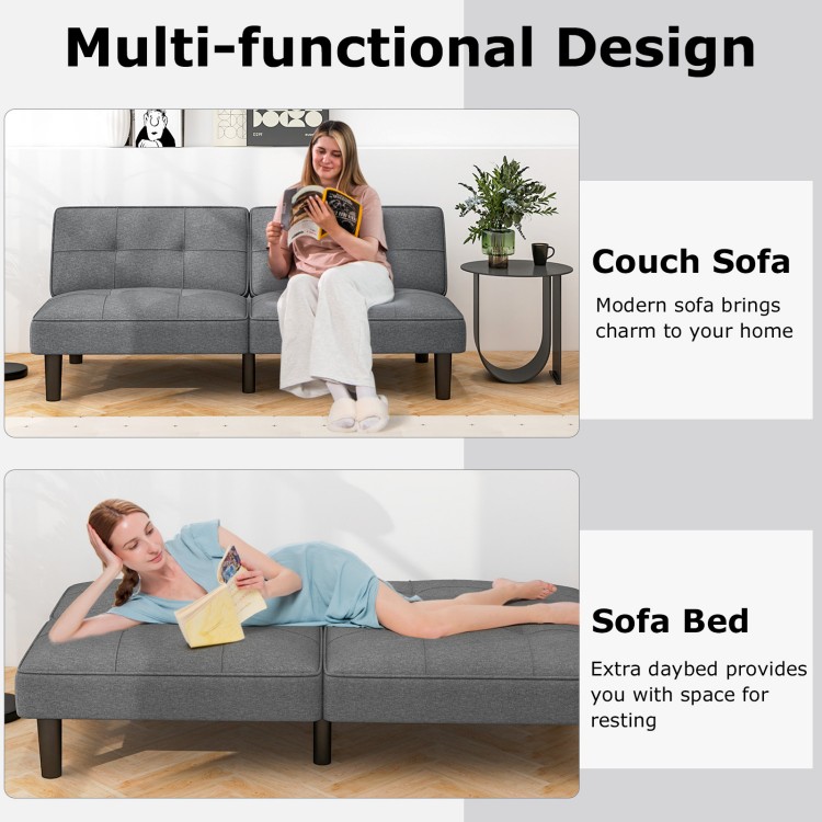Gray convertible futon sofa bed shown in a side view, featuring soft sponge padding and a durable linen fabric for.