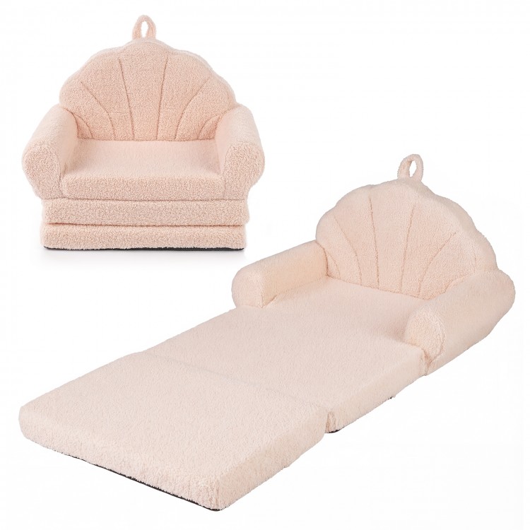 Convertible kids sofa in beige, featuring soft teddy fleece fabric and a fold-out design for lounging or sitting.