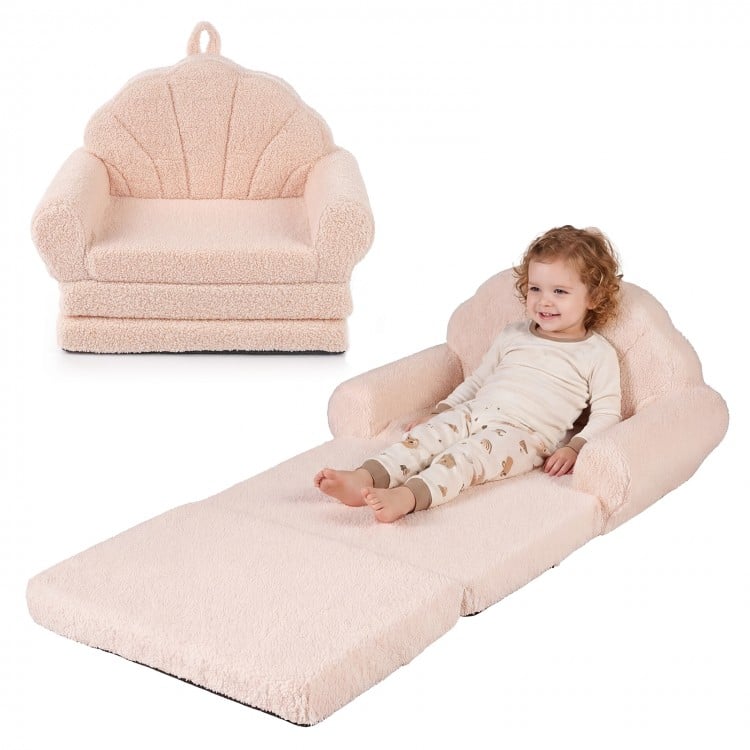 Convertible kids sofa in beige, transforms into a flat lounge bed, made of soft teddy fleece for comfort and support.