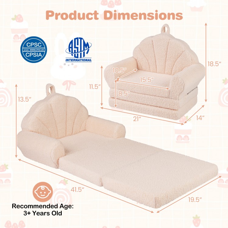 Convertible kids sofa in beige, 2-in-1 design with soft teddy fleece, ideal for lounging and reading activities.