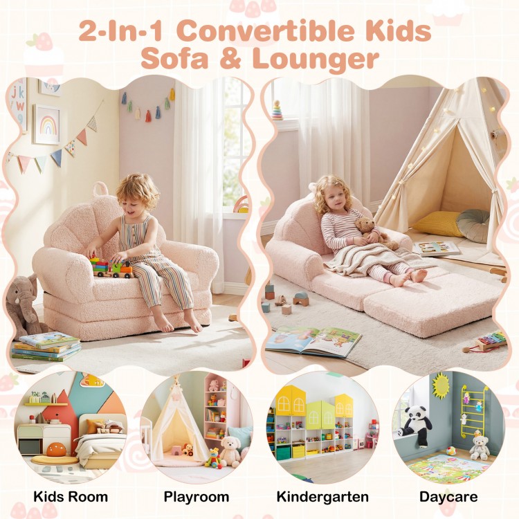 Convertible kids sofa in beige, featuring a cozy design for lounging or sitting, ideal for playrooms and reading.