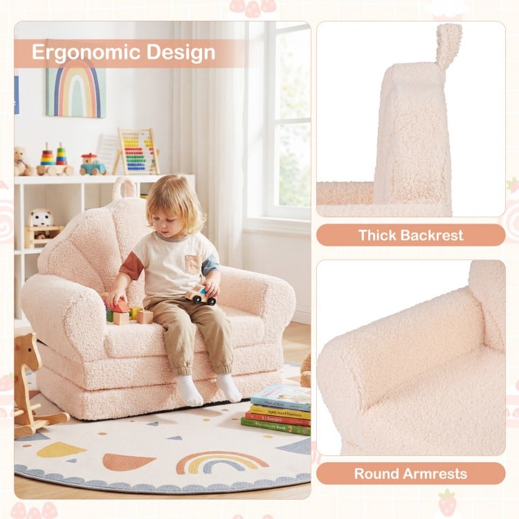 Convertible kids sofa in beige with thick backrest and round armrests, perfect for reading and lounging activities.